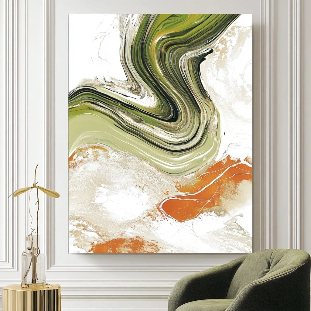 Pale fluid artwork in a modern interior with green chairs