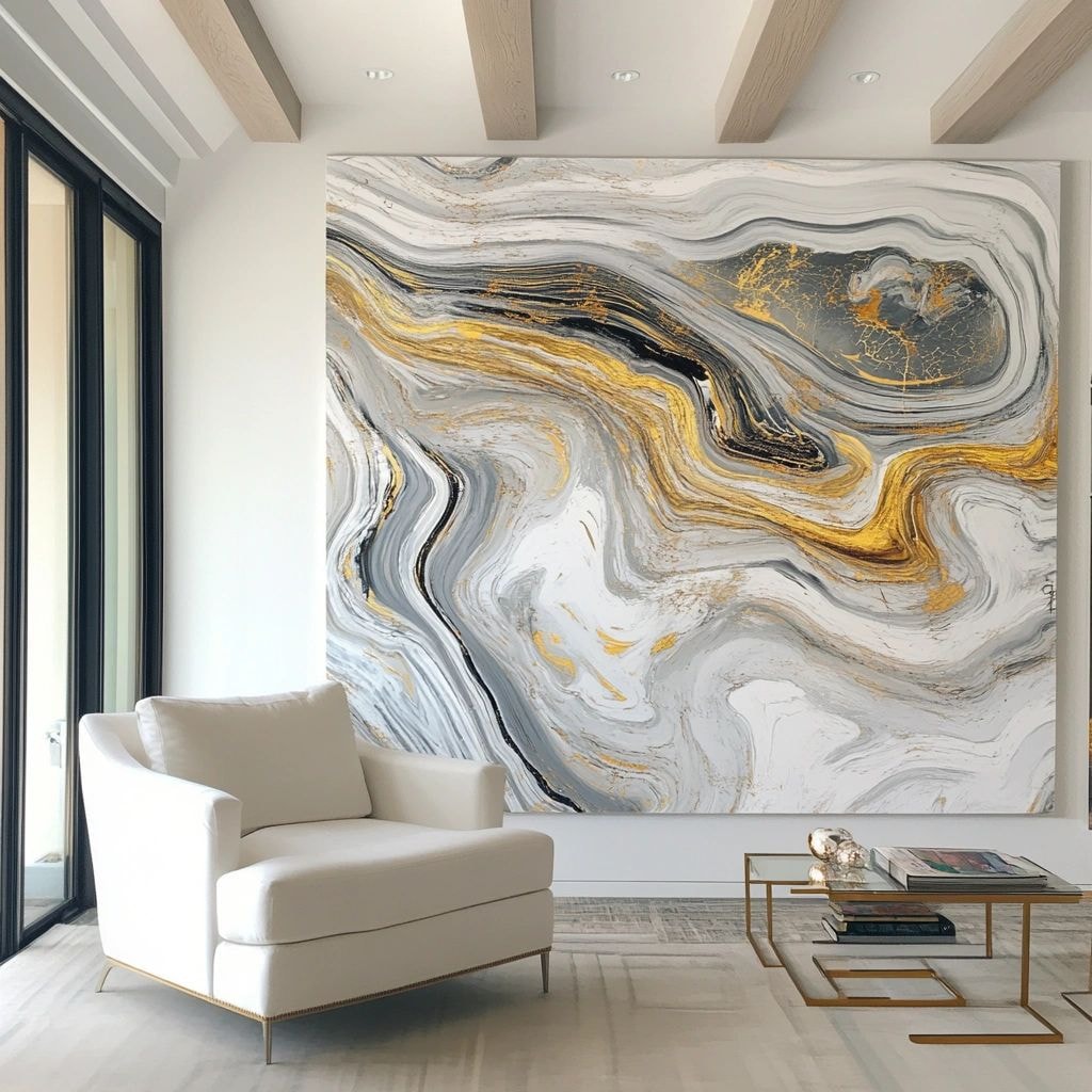 Gray, black, and gold fluid artwork in a bright living room